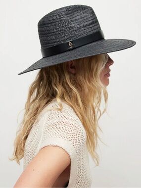 Talia Fedora — Black Wide-Brim Straw Hat with Leather Band